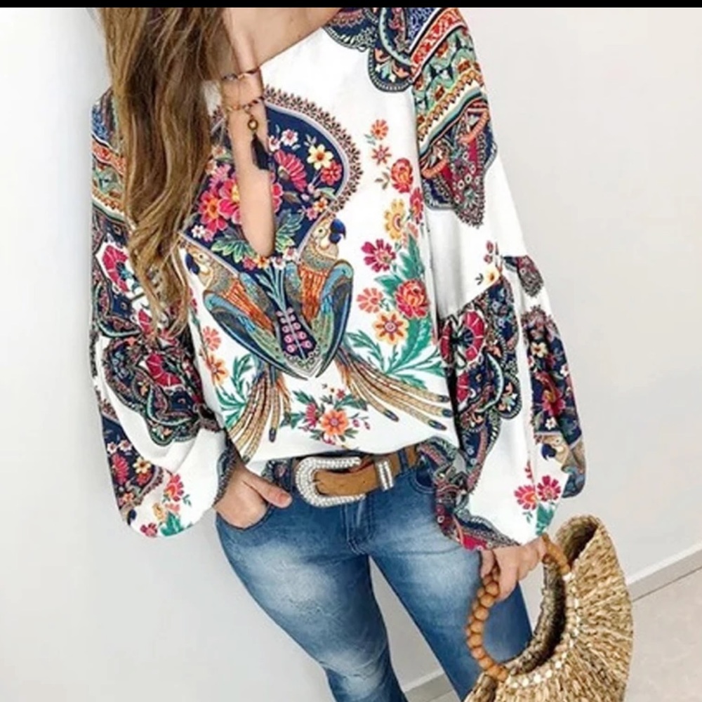 Elegant Floral Print Lantern Sleeve Shirt